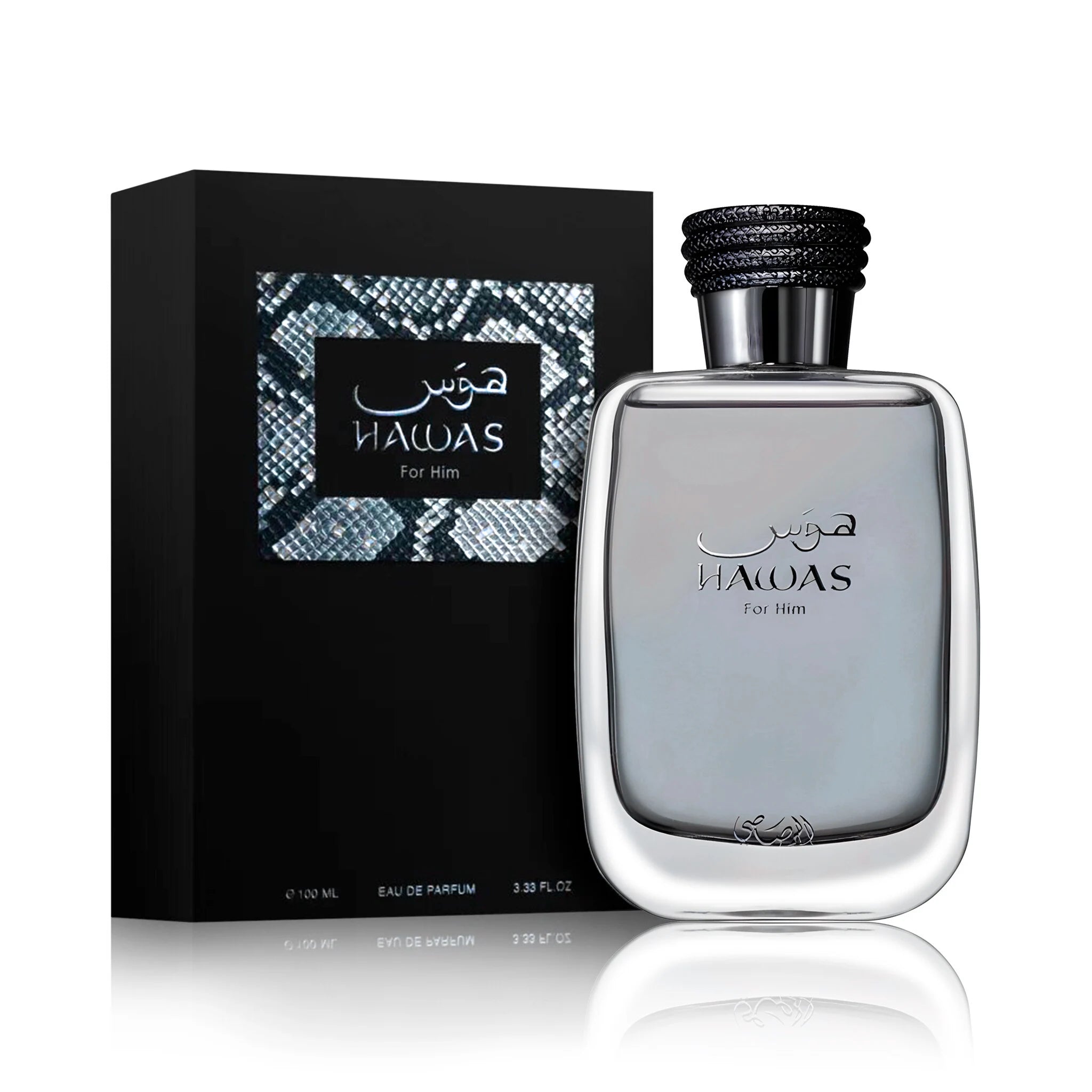 Frontal del Hawas For Him Rasasi Eau de Parfum Para Hombre fondo blanco con su caja